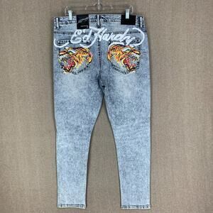 Ed Hardy Mens Jeans 36 (37x30) NEW! Tiger Skinny Distressed Denim Spell Out Logo